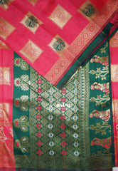 Peach Red - Thendral - Kanchi Art Silk Saree with Traditional Dancer Border and Buttas - Perfect for Wedding Functions