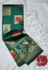 Bottle Green - Thendral - Kanchi Art Silk Saree with Traditional Dancer Border and Buttas - Perfect for Wedding Functions