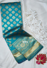 Teal Blue-Floral - Thendral - Kanchi Art Silk Saree with Floral Border and Buttas - Perfect for Wedding Functions
