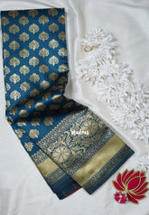 Dark Teal Blue-Floral - Thendral - Kanchi Art Silk Saree with Floral Border and Buttas - Perfect for Wedding Functions