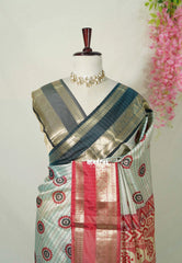 Dual Shade Grey Green - Thendral - Kanchi Semi Silk Saree Checks with Buttas and Ganga Jamuna Border - Perfect for Wedding Functions