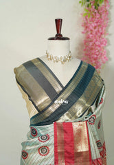 Dual Shade Grey Green - Thendral - Kanchi Semi Silk Saree Checks with Buttas and Ganga Jamuna Border - Perfect for Wedding Functions