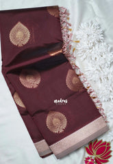 Coffee Brown - Thendral - Kanchi Semi Silk Small Border with Contrast Pallu and Blouse - Best for Pooja Functions | Diwali Festive