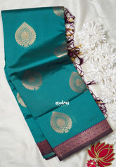 Teal Blue - Thendral - Kanchi Semi Silk Small Border with Contrast Pallu and Blouse - Best for Pooja Functions | Diwali Festive