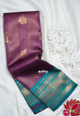 Jamun Purple with Teal - Thendral - Kanchi Semi Silk Zari Checks Weaving with Temple Sculpture Weaving Border - Best for Wedding Functions
