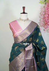 Midnight Green - Thendral - Kanchi Semi Silk Traditional Border with Contrast Pallu and Blouse - Best for Pooja Functions
