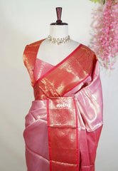 Golden Pink - Thendral - Kanchi Tissue Soft Silk Saree with Flower Border - Best for Pooja Functions | Temple Visit