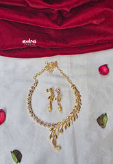 Trendy Leaf Zircona and ruby Stone Impon Necklace With Earrings Necklace