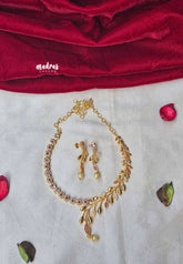Trendy Leaf Zircona and ruby Stone Impon Necklace With Earrings Necklace