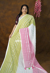 Triple color - 2-in-1 Reversible Mul Cotton Saree with Silver zari