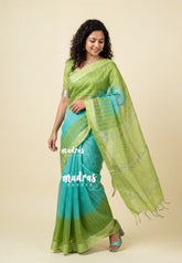 Turquoise Blue - Soft Organza silk with stripes weaving with satin border - Perfect for Office Wear | casual wear | Tea party