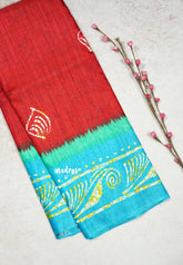 Red - Uniform sarees Malgudi printed silk with batik prints