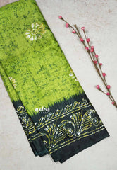 Parrot Green - Uniform sarees Malgudi printed silk with batik prints