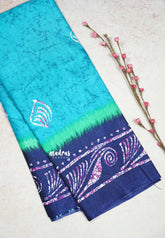 Turquoise Blue - Uniform sarees Malgudi printed silk with batik prints