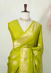 Neon Green - Vadhanam - Premium Jute tussar with full birds weaving buttas and border