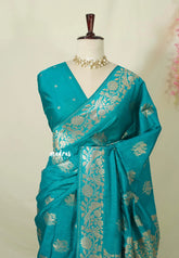 Teal Blue - Vadhanam - Premium Jute tussar with full birds weaving buttas and border