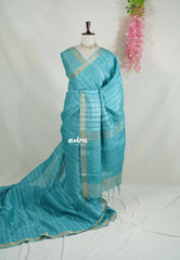Muted Teal Blue - Vadhanam - Jute Tussar Silk Saree with Tissue Border - Best for Office Wear | Casual Wear