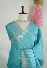 Muted Teal Blue - Vadhanam - Jute Tussar Silk Saree with Tissue Border - Best for Office Wear | Casual Wear