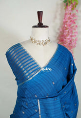Peacock Blue - Jute Tussar Silk Saree with Stripes Texture and Tissue Blouse - Best for Office Wear | Casual Wear