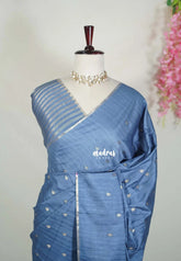 Greyish Blue - Jute Tussar Silk Saree with Stripes Texture and Tissue Blouse - Best for Office Wear | Casual Wear