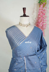 Greyish Blue - Jute Tussar Silk Saree with Stripes Texture and Tissue Blouse - Best for Office Wear | Casual Wear