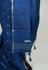 Dark Teal Blue - Jute Tussar Silk Saree with Stripes Texture and Tissue Blouse - Best for Office Wear | Casual Wear