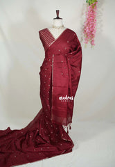 Araku Maroon - Jute Tussar Silk Saree with Stripes Texture and Tissue Blouse - Best for Office Wear | Casual Wear