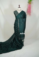 Midnight Green - Jute Tussar Silk Saree with Stripes Texture and Tissue Blouse - Best for Office Wear | Casual Wear