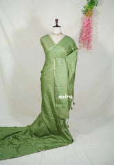 Pista Green - Jute Tussar Silk Saree with Stripes Texture and Tissue Blouse - Best for Office Wear | Casual Wear