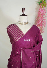 Mulberry Purple - Jute Tussar Silk Saree with Stripes Texture and Tissue Blouse - Best for Office Wear | Casual Wear