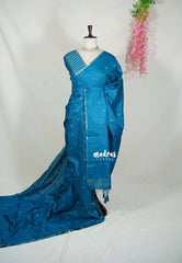 Teal Blue - Jute Tussar Silk Saree with Stripes Texture and Tissue Blouse - Best for Office Wear | Casual Wear
