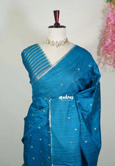 Teal Blue - Jute Tussar Silk Saree with Stripes Texture and Tissue Blouse - Best for Office Wear | Casual Wear