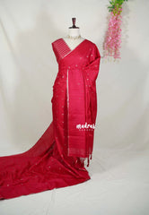 Reddish Pink - Jute Tussar Silk Saree with Stripes Texture and Tissue Blouse - Best for Office Wear | Casual Wear