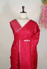 Reddish Pink - Jute Tussar Silk Saree with Stripes Texture and Tissue Blouse - Best for Office Wear | Casual Wear