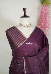 Wine Brown - Jute Tussar Silk Saree with Stripes Texture and Tissue Blouse - Best for Office Wear | Casual Wear