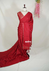 Dark Red - Jute Tussar Silk Saree with Stripes Texture and Tissue Blouse - Best for Office Wear | Casual Wear
