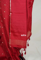 Dark Red - Jute Tussar Silk Saree with Stripes Texture and Tissue Blouse - Best for Office Wear | Casual Wear