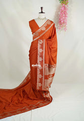 Rust Orange - Vadhanam - Jute Tussar Silk Saree Small Thilagam Buttas with Tissue Weaving Kolam Border - Perfect for Diwali Festive