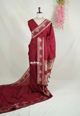 Crimson Maroon - Vadhanam - Jute Tussar Silk Saree Small Thilagam Buttas with Tissue Weaving Kolam Border - Perfect for Diwali Festive