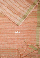Creamy Peach Orange - Jute Tussar Silk Saree Checks Body Stripes Texture - Best for Small Functions