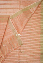 Creamy Peach Orange - Jute Tussar Silk Saree Checks Body Stripes Texture - Best for Small Functions