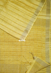 Creamy Golden Yellow - Jute Tussar Silk Saree Checks Body Stripes Texture - Best for Small Functions