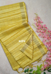 Creamy Golden Yellow - Jute Tussar Silk Saree Checks Body Stripes Texture - Best for Small Functions