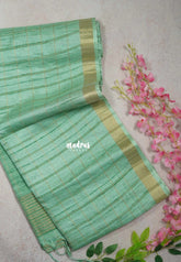 Creamy Turquoise Green - Jute Tussar Silk Saree Checks Body Stripes Texture - Best for Small Functions
