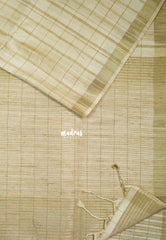 Creamy Ivory Beige - Jute Tussar Silk Saree Checks Body Stripes Texture - Best for Small Functions