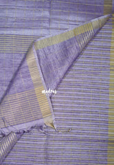 Creamy Lilac - Jute Tussar Silk Saree Checks Body Stripes Texture - Best for Small Functions