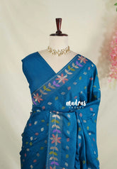 Peacock Blue - Vadhanam - Jute Tussar Silk Saree Colorful Flower Weaving Border with Leaf Buttas - Perfect for Diwali Festive