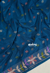 Peacock Blue - Vadhanam - Jute Tussar Silk Saree Colorful Flower Weaving Border with Leaf Buttas - Perfect for Diwali Festive