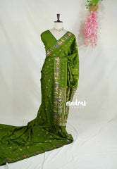 Mehndi Green - Vadhanam - Jute Tussar Silk Saree Colorful Flower Weaving Border with Leaf Buttas - Perfect for Diwali Festive