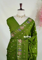 Mehndi Green - Vadhanam - Jute Tussar Silk Saree Colorful Flower Weaving Border with Leaf Buttas - Perfect for Diwali Festive